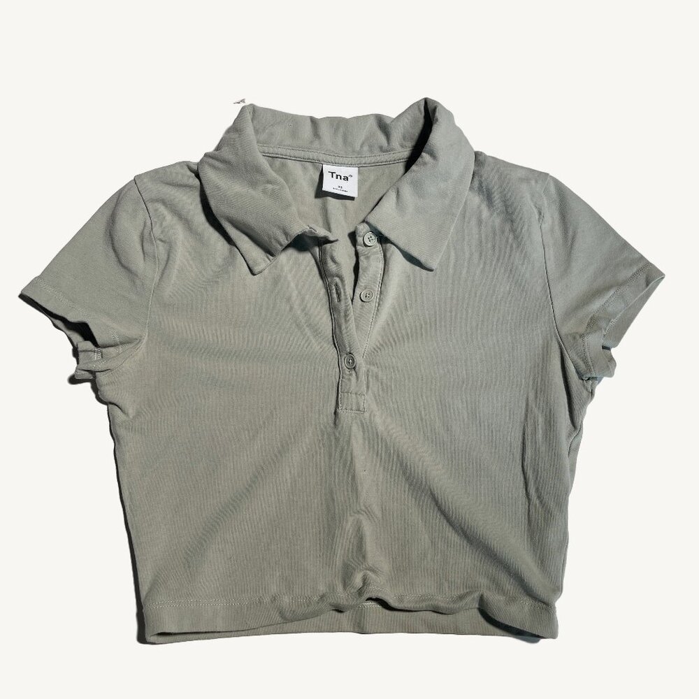 TNA Cropped Sage Green Collard Short Sleeve T-Shirt Size Extra Small